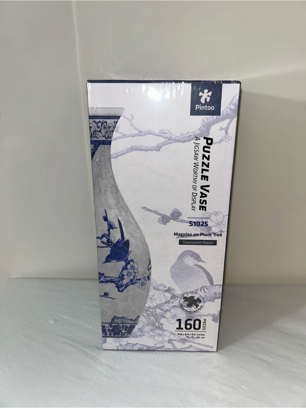 Blue & White Puzzle Vase – Magpies on Plum Tree